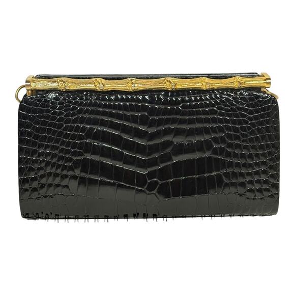 Morabito Vintage Black Crocodile Evening Bag Chain Strap Gold Bamboo - Picture 1 of 7